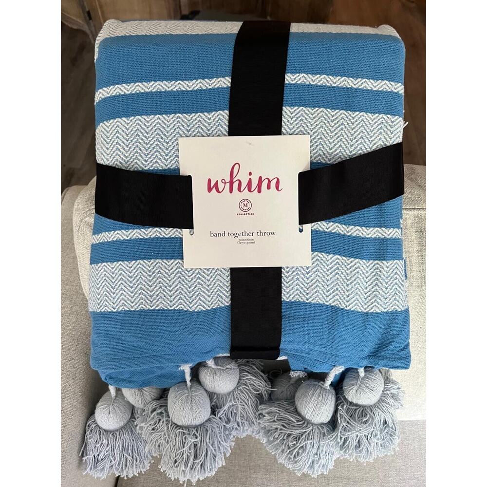 NWT Martha Stewart WHIM Blanket Lg Tassel Throw Band Together Blue 50''x 60''